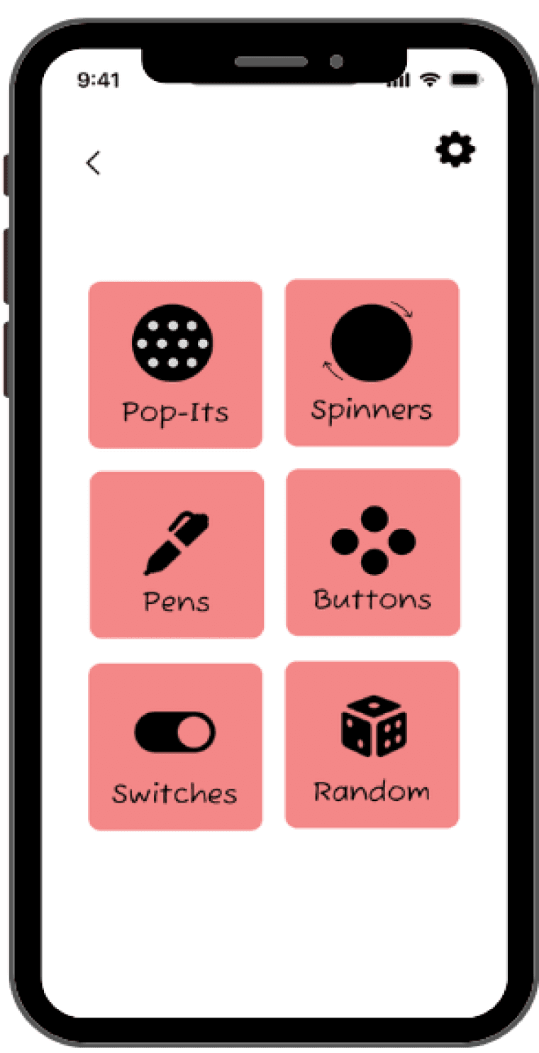 Fidget type selection, with the options: pop-its, spinners, pens, buttons, switches, and random