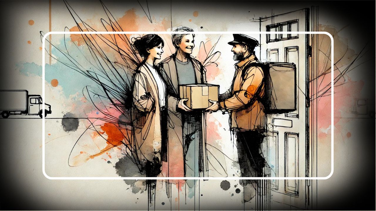 Illustrated delivery person handing a package to a smiling couple at their doorstep