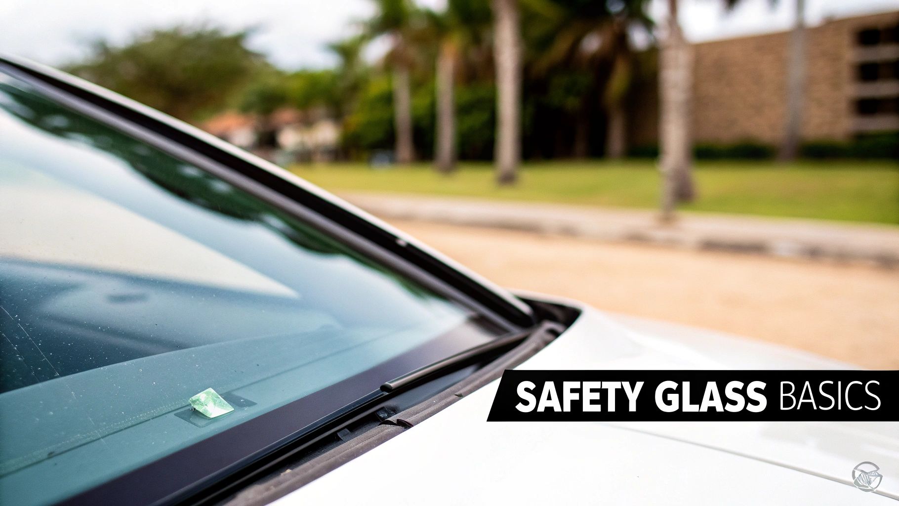 Car windshield with safety glass basics text overlay showing modern automotive glass technology