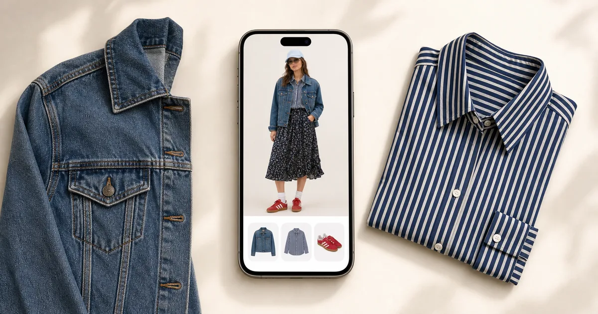 Portrait phone previewing a denim jacket beside two coordinated wardrobe pieces on a warm ivory background