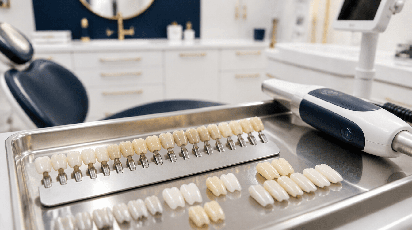Dental shade comparison samples and porcelain veneer pieces on a clinical tray at a Smyrna cosmetic dentistry consultation