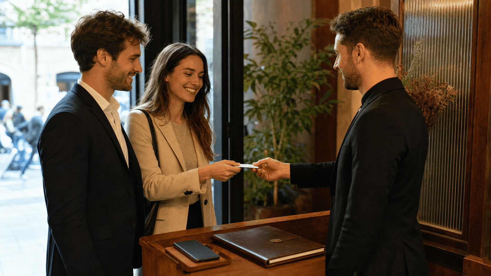 Un serveur remet une confirmation au couple, soulignant la réservation en ligne restaurant.