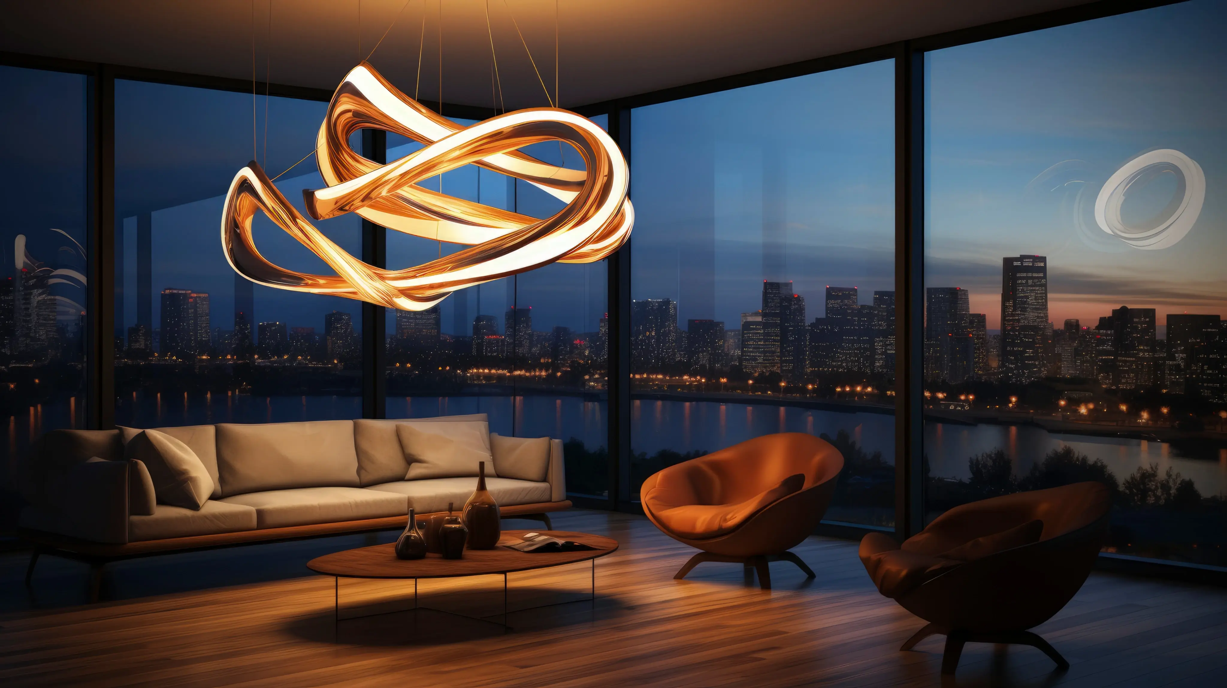 High-rise penthouse lounge at dusk featuring a statement chandelier and floor-to-ceiling city view windows.