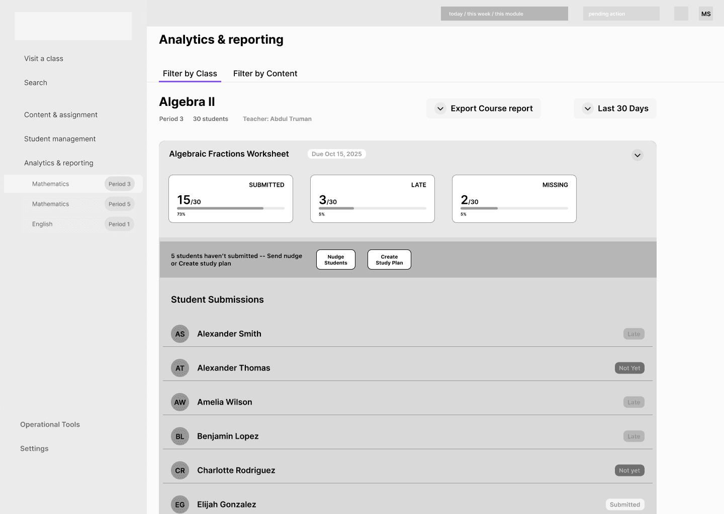 Before: a passive list of student submissions with status labels only