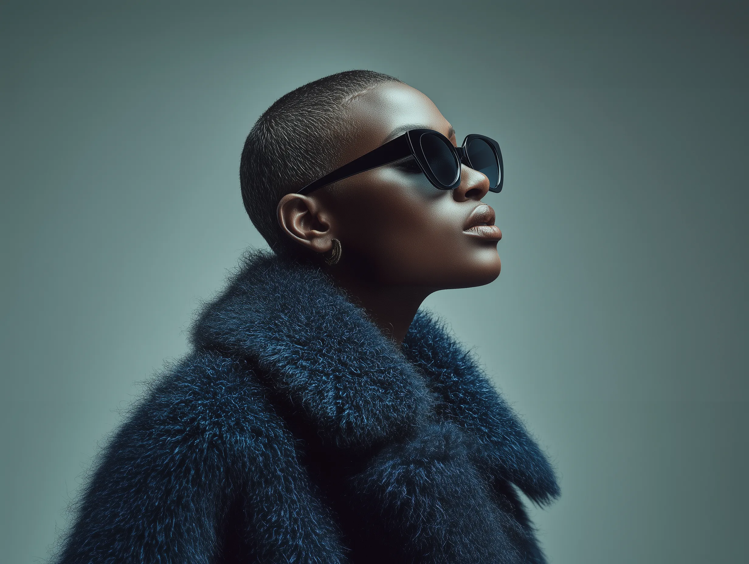 Studio portrait of a model wearing sunglasses and a textured coat from Holloway fashion label.