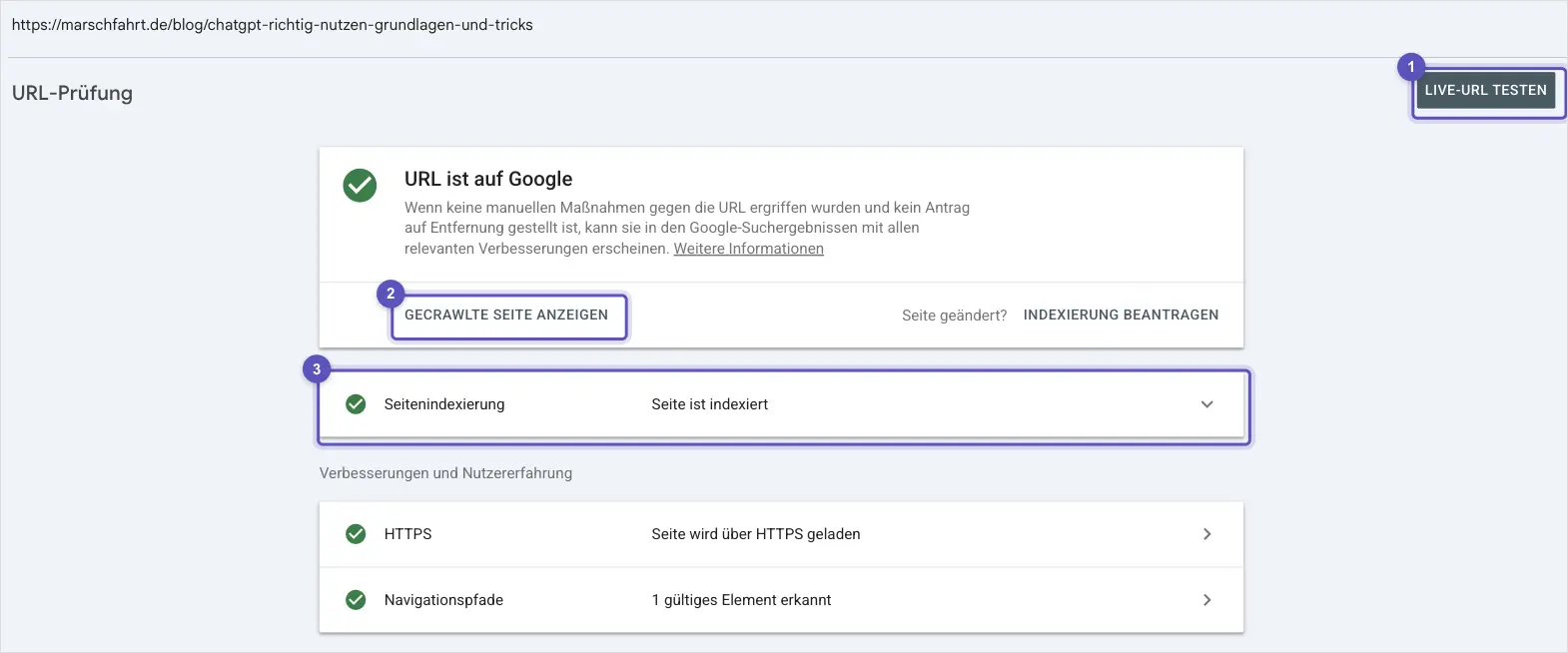 Ergebnis der URL-Prüfung in der Search Console mit den markierten Schaltflächen Live-URL testen, Gecrawlte Seite anzeigen und dem Bereich Seitenindexierung.