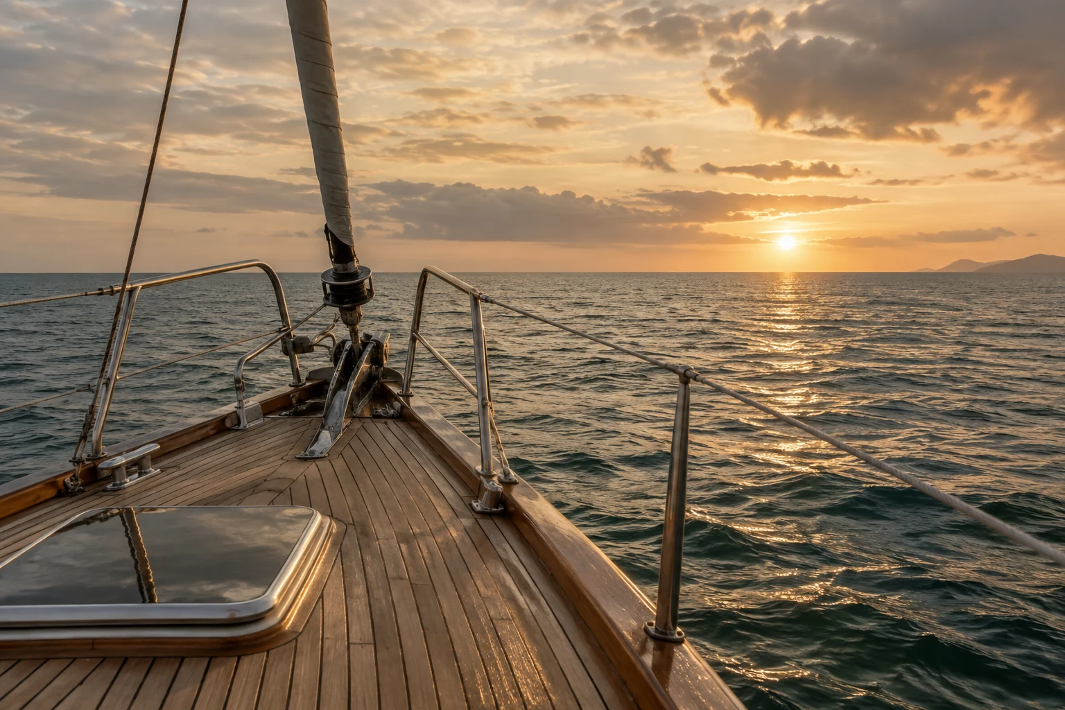 Teak yacht deck and railings facing the open sea at sunset
