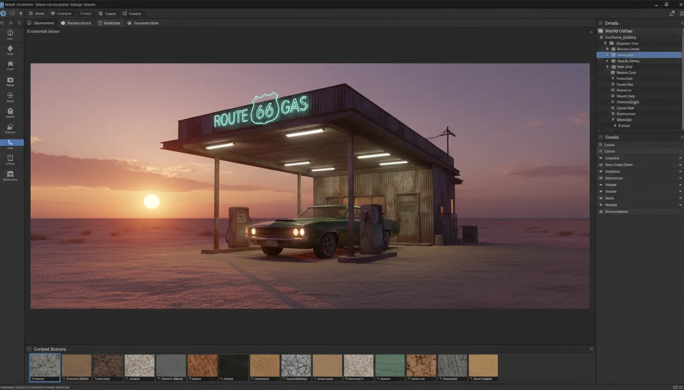 A professional screenshot of the Unreal Engine 4 game editor interface, modern dark mode. The central focus is the main 3D viewport showcasing a photorealistic scene of a vintage desert gas station at sunset, with a classic green muscle car parked under the illuminated awning. Surrounding the viewport are the standard UI panels: a left sidebar with a list of placeable actor icons and placeholder text, a top toolbar with abstracted icons, a right-side panel with a hierarchical world outliner and a detailed properties editor, and a bottom content browser displaying a grid of PBR material texture thumbnails. The UI has a clean, dark gray theme with muted blue accent colors on highlighted UI elements.