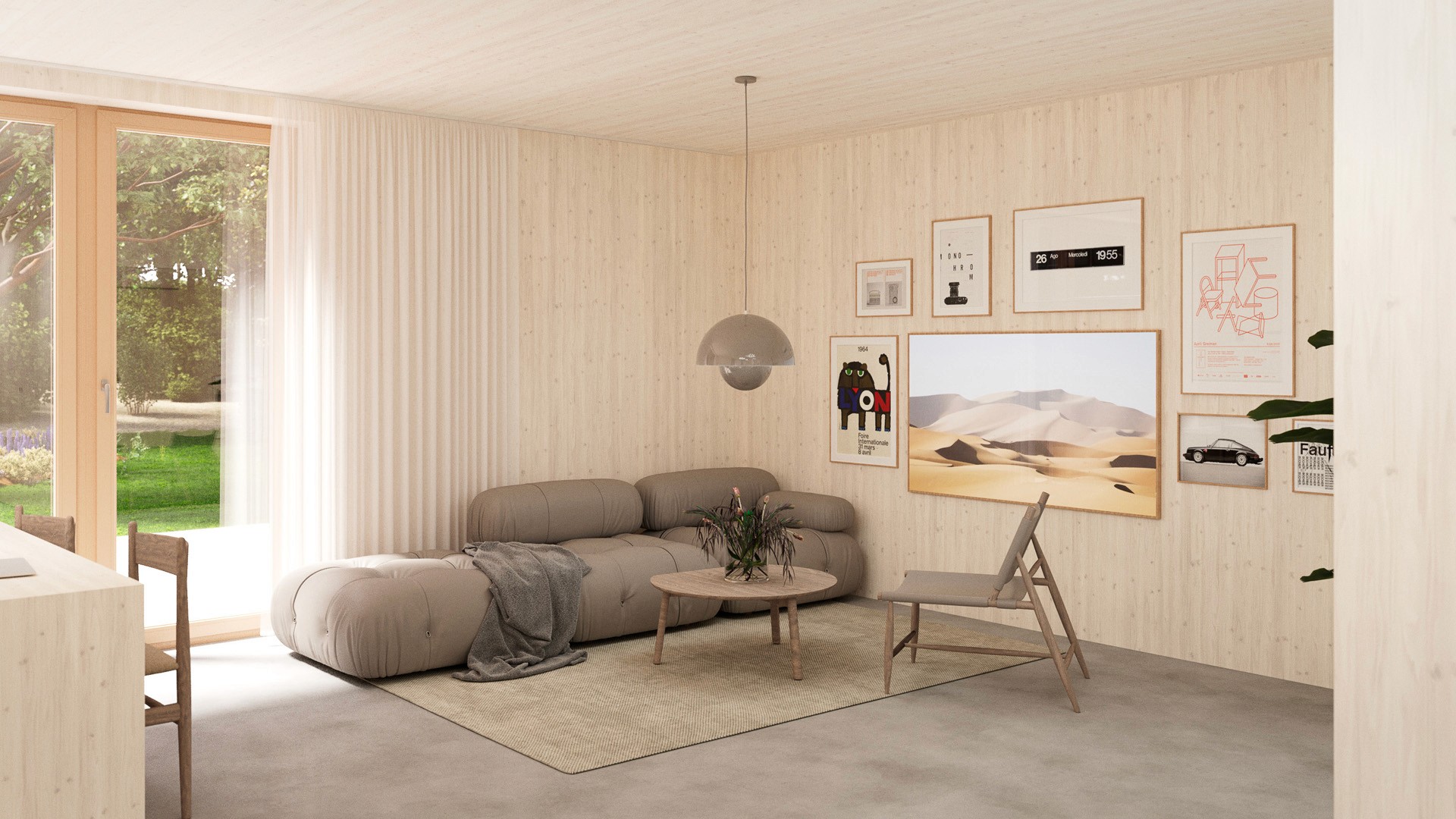 Living room interior with neutral-toned furniture and modular lighting, surrounded by built-in shelving