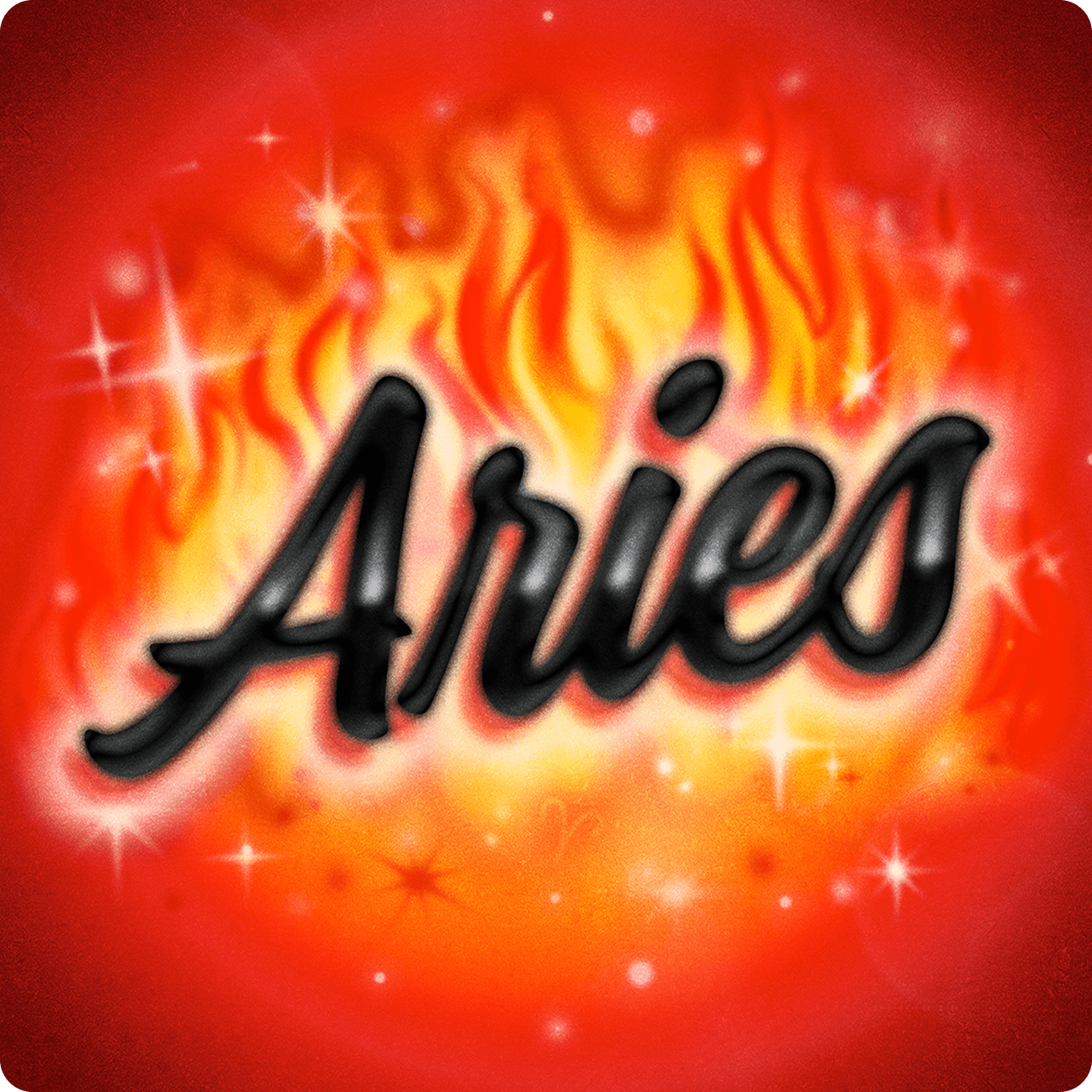Stylized text "Aries" in a fiery design against a bright red background with sparkles.