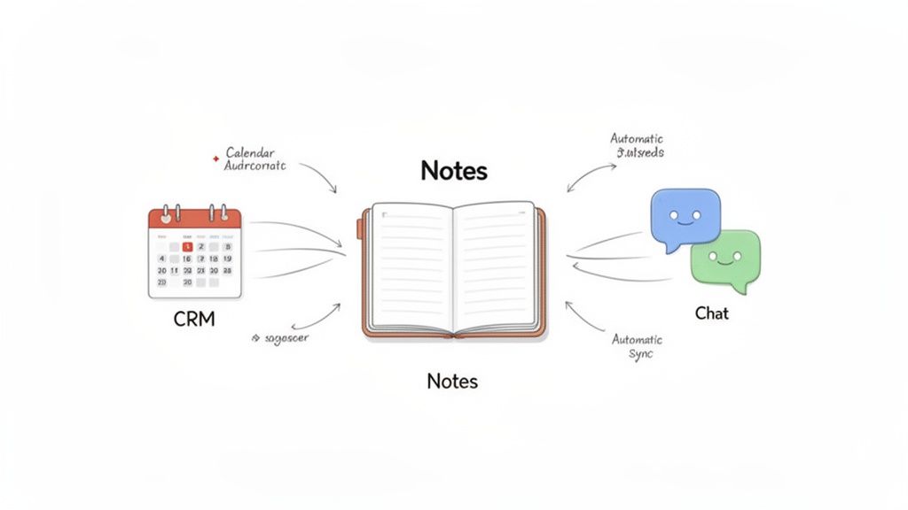 A diagram illustrating 'Notes' central to automatic integration with 'CRM' and 'Chat' applications.