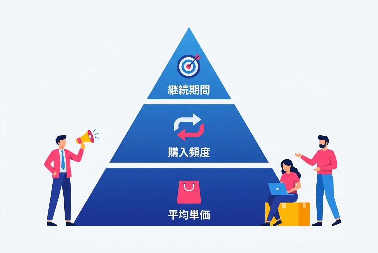 LTV向上施策の優先順位。最下部の平均単価は即効性があり実装しやすく、上位の継続期間は影響度が大きいが実装難易度も高い。バランス良く取り組むことが重要。