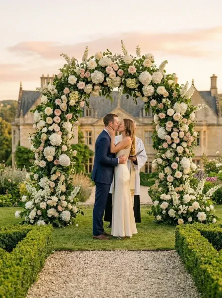 Bride and groom kissing under a large floral arch with a manor house in the background.