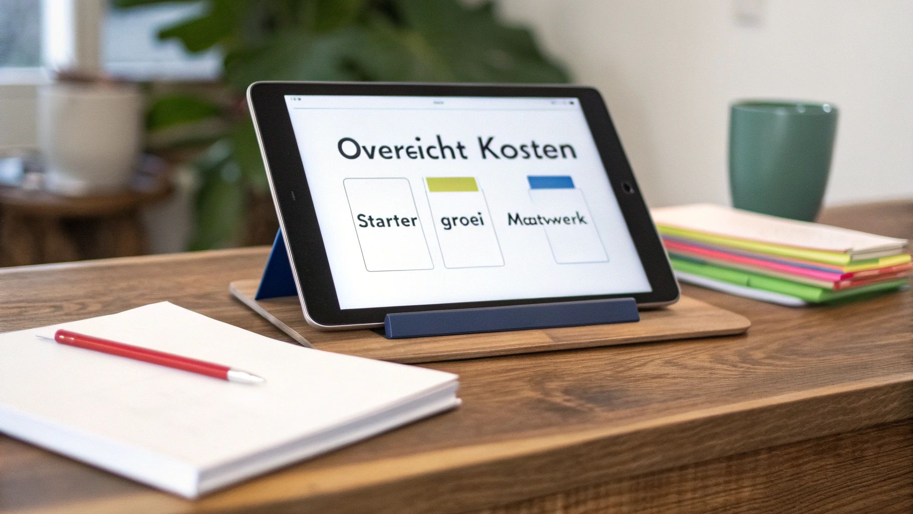 Een iPad op een houten bureau toont een kostenoverzicht met de opties Starter, groei en Maatwerk.