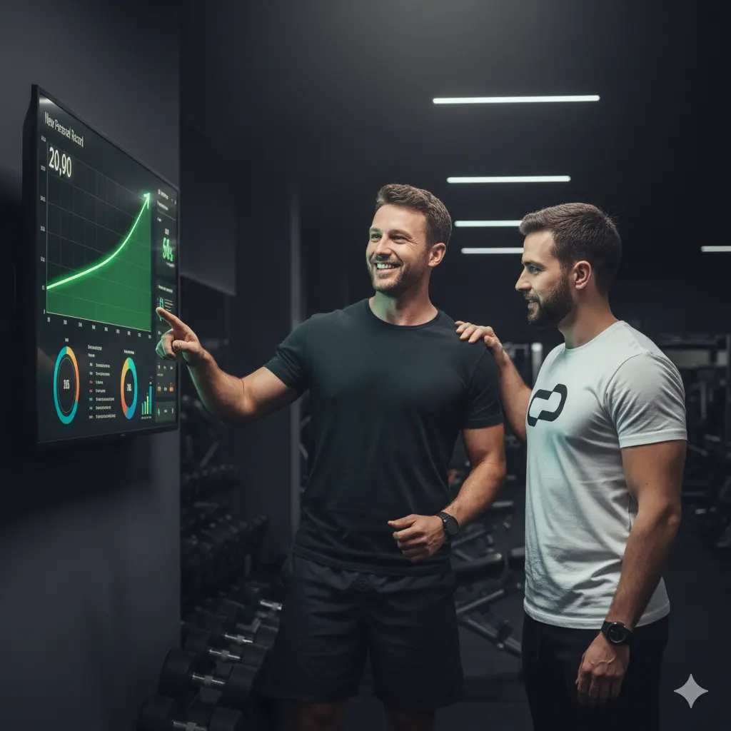 Palm trees frame a dramatic mountain valley landscape