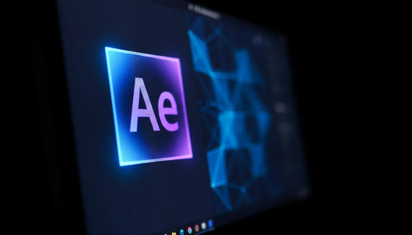 Macro DSLR photograph of the Adobe After Effects software icon glowing on a computer monitor, captured from a sharp, dynamic angle. The icon is in crisp focus on the left side of the frame. Cinematic contrast lighting creates deep shadows and highlights the vibrant blue and purple glow emanating from the screen. The background behind the icon features an abstract pattern of out-of-focus blue geometric shapes, creating a digital bokeh effect against the pure black negative space on the right.
