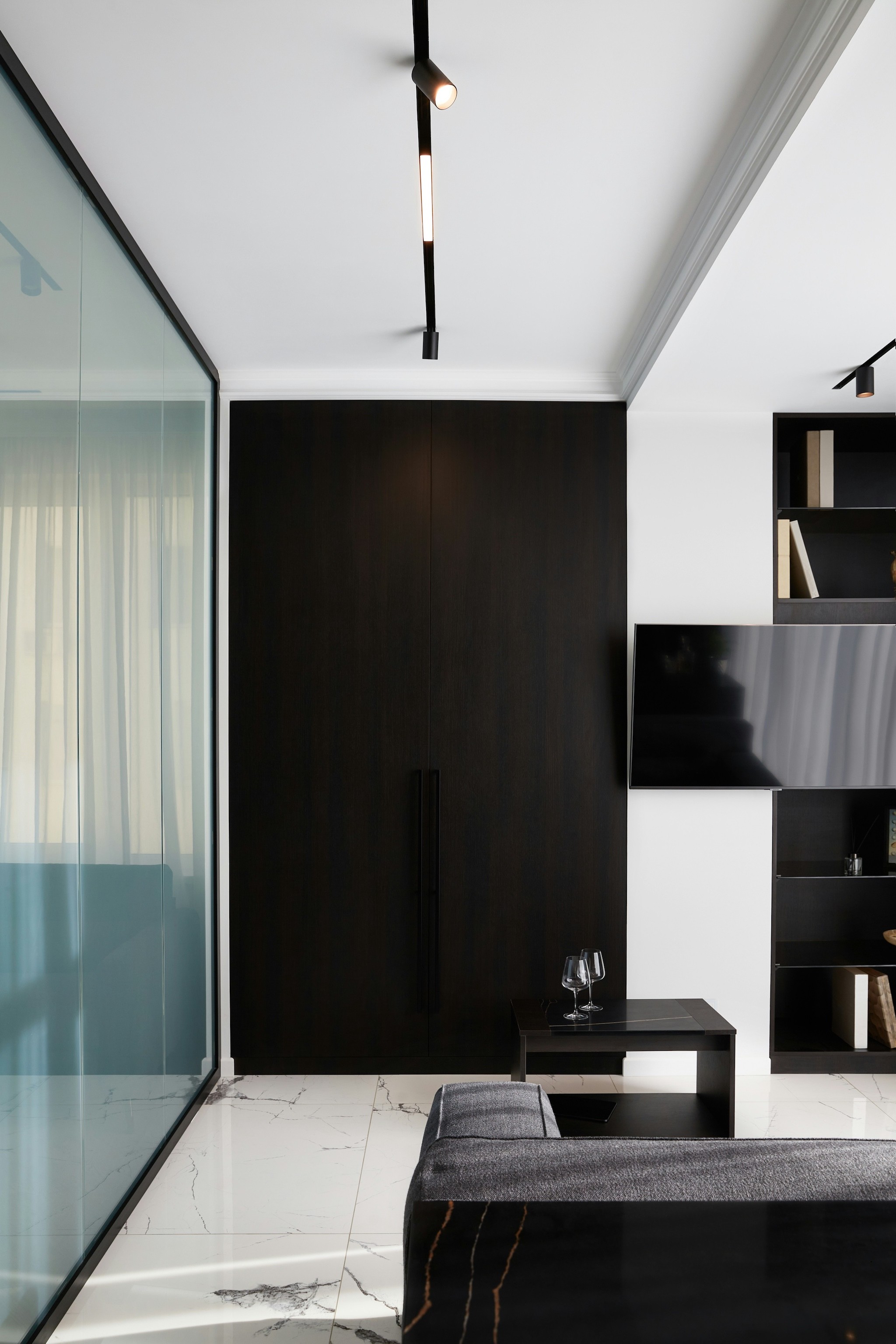 Modern living room with black and white decor