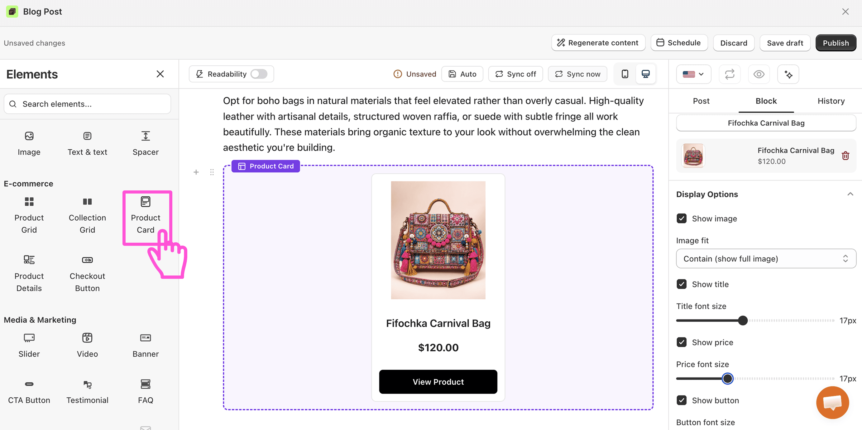 how to embed product card to a blog post in shopify