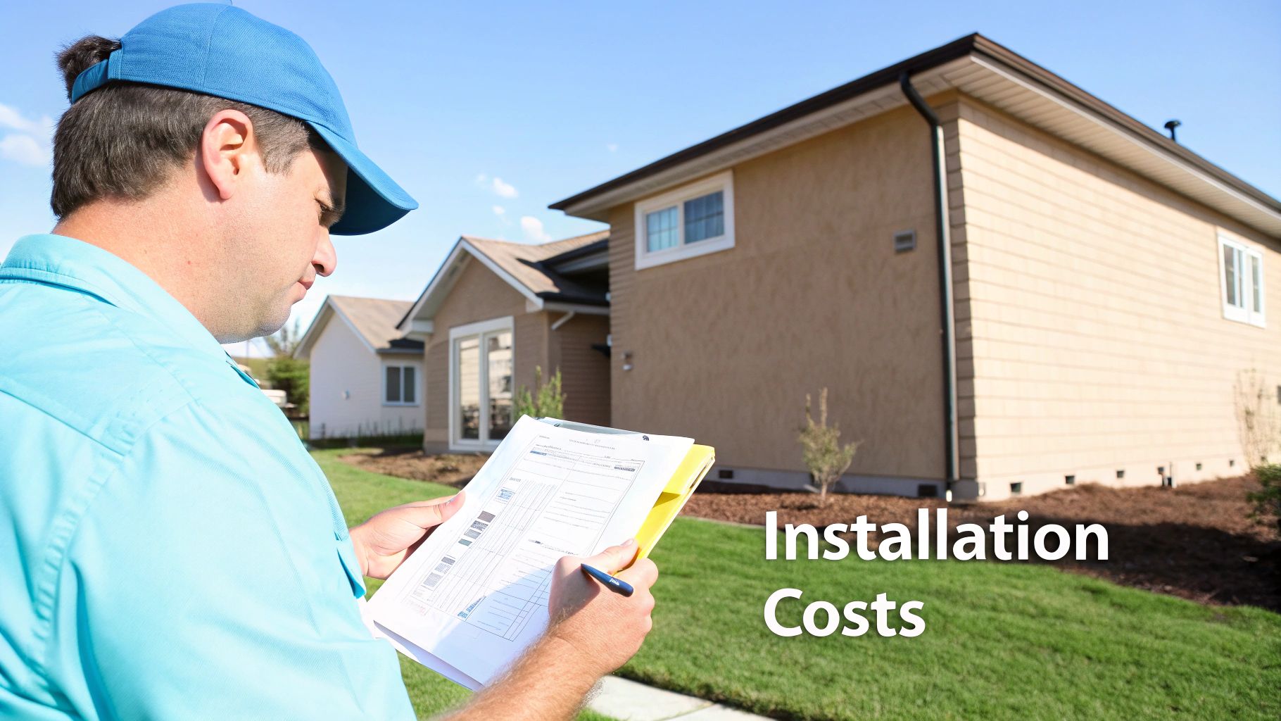 an electrician reviewing important documents outside of a home