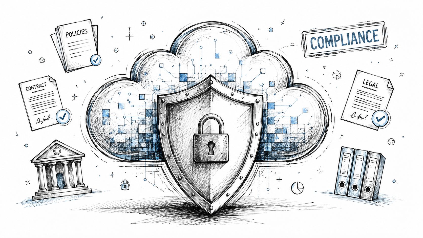 A digital illustration showing a cloud computing icon protected by a shield and padlock with compliance documents.