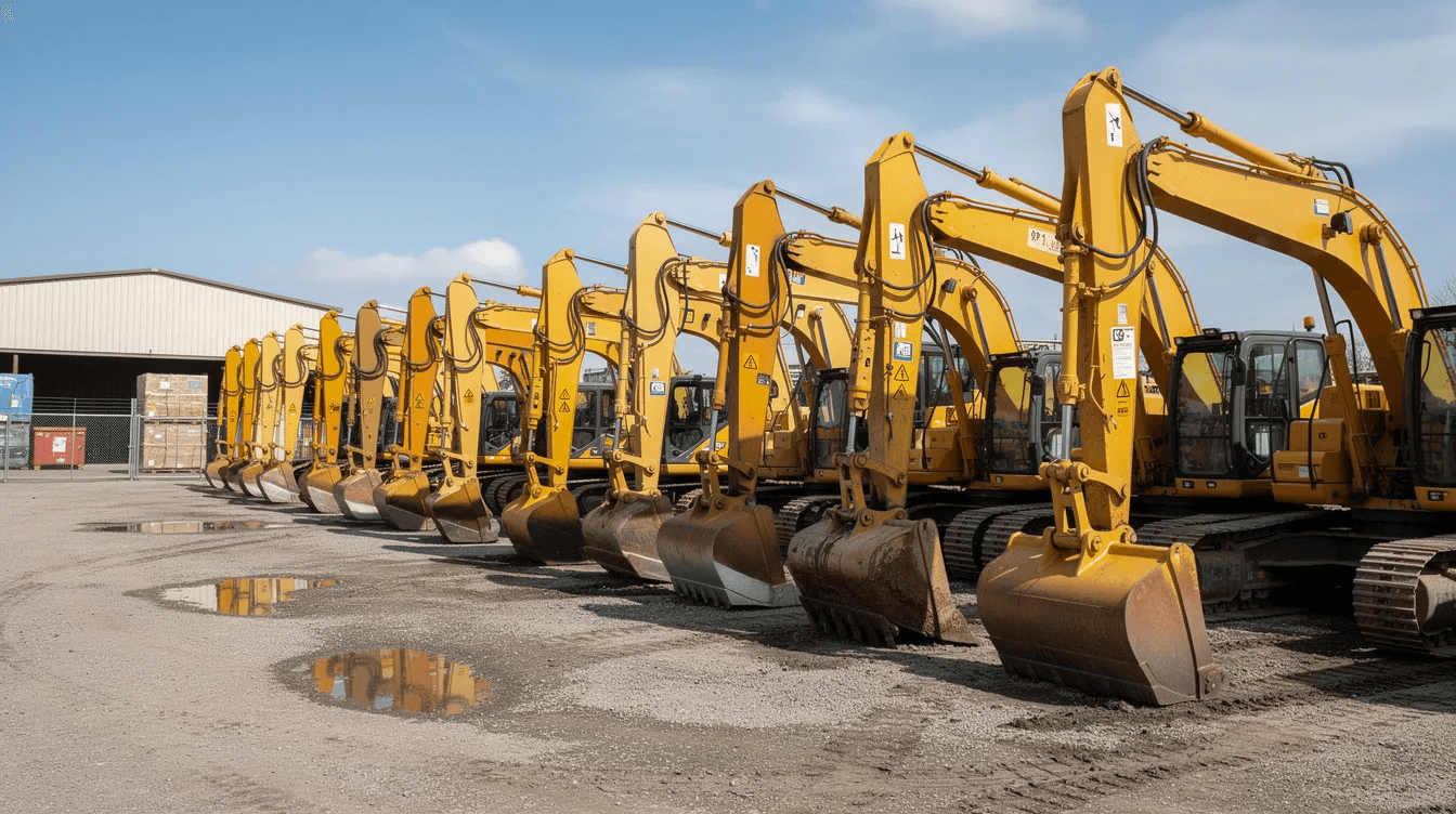 The image features a row of bright yellow excavators and earthmoving machinery neatly lined up in a depot yard, showcasing a diverse range of heavy equipment that businesses might finance through various asset finance arrangements. These machines represent essential business assets that can support growth and operational efficiency in construction and other industries.