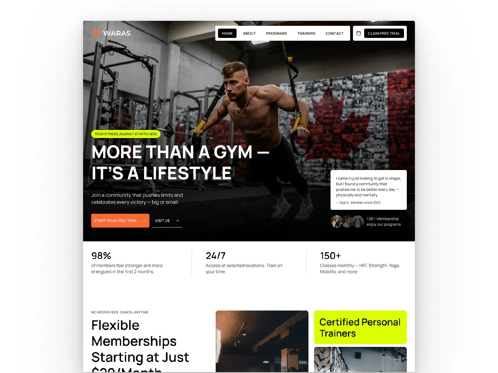FitBricks gym and fitness template with workout hero image, membership stats, pricing, and trainer sections.
