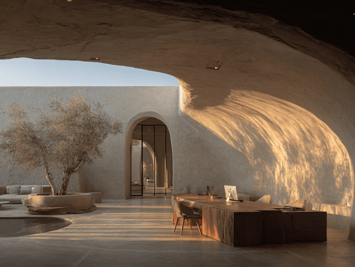 An architectural dining space with a dramatic curved ceiling that catches warm sunlight through arched openings.