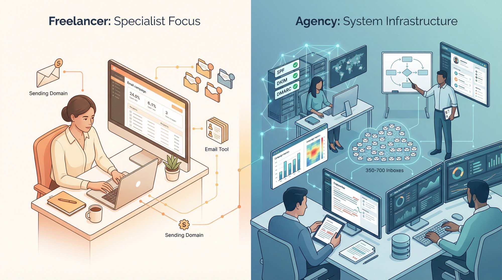 Clean split-screen comparison showing lone freelancer vs coordinated agency team with cold email infrastructure