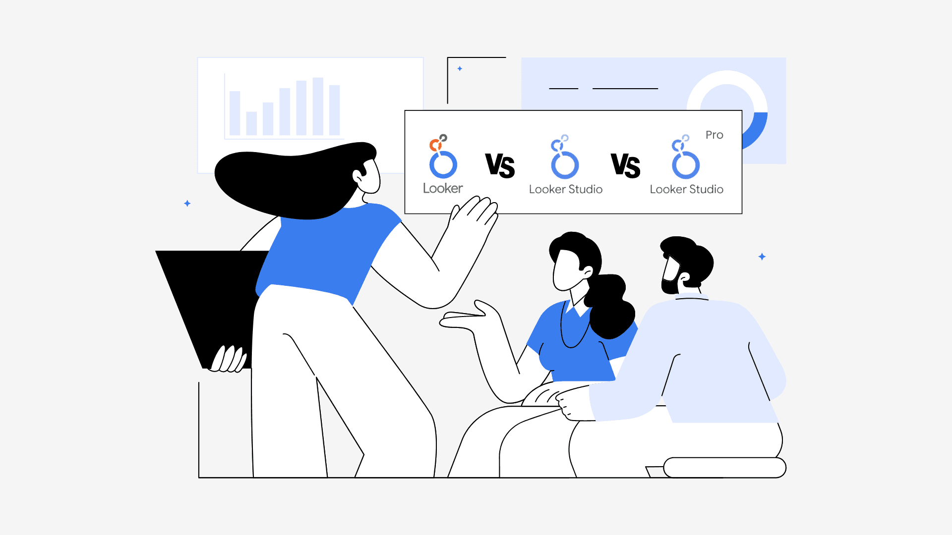 Illustration of three people discussing the comparison between Looker, Looker Studio, and Looker Studio Pro, with charts and graphs in the background.