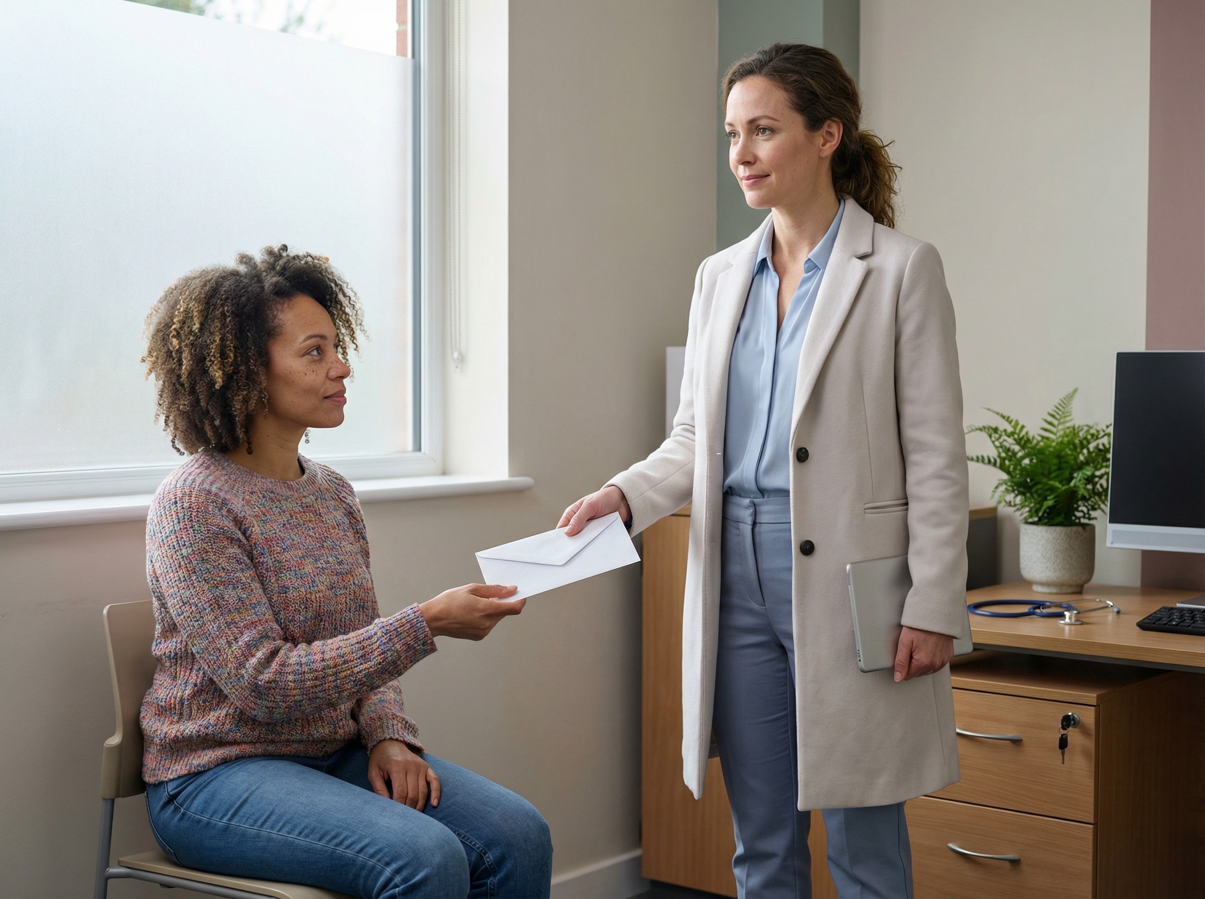 Eine Ärztin überreicht einer Patientin einen verschlossenen Befundumschlag und erläutert ruhig die nächsten Schritte. Im Hintergrund bewahrt ein abschließbarer Schrank Dokumente sicher auf. Die Szene vermittelt Sorgfalt, Datenschutz und einen klaren Abschluss des Besuchs.