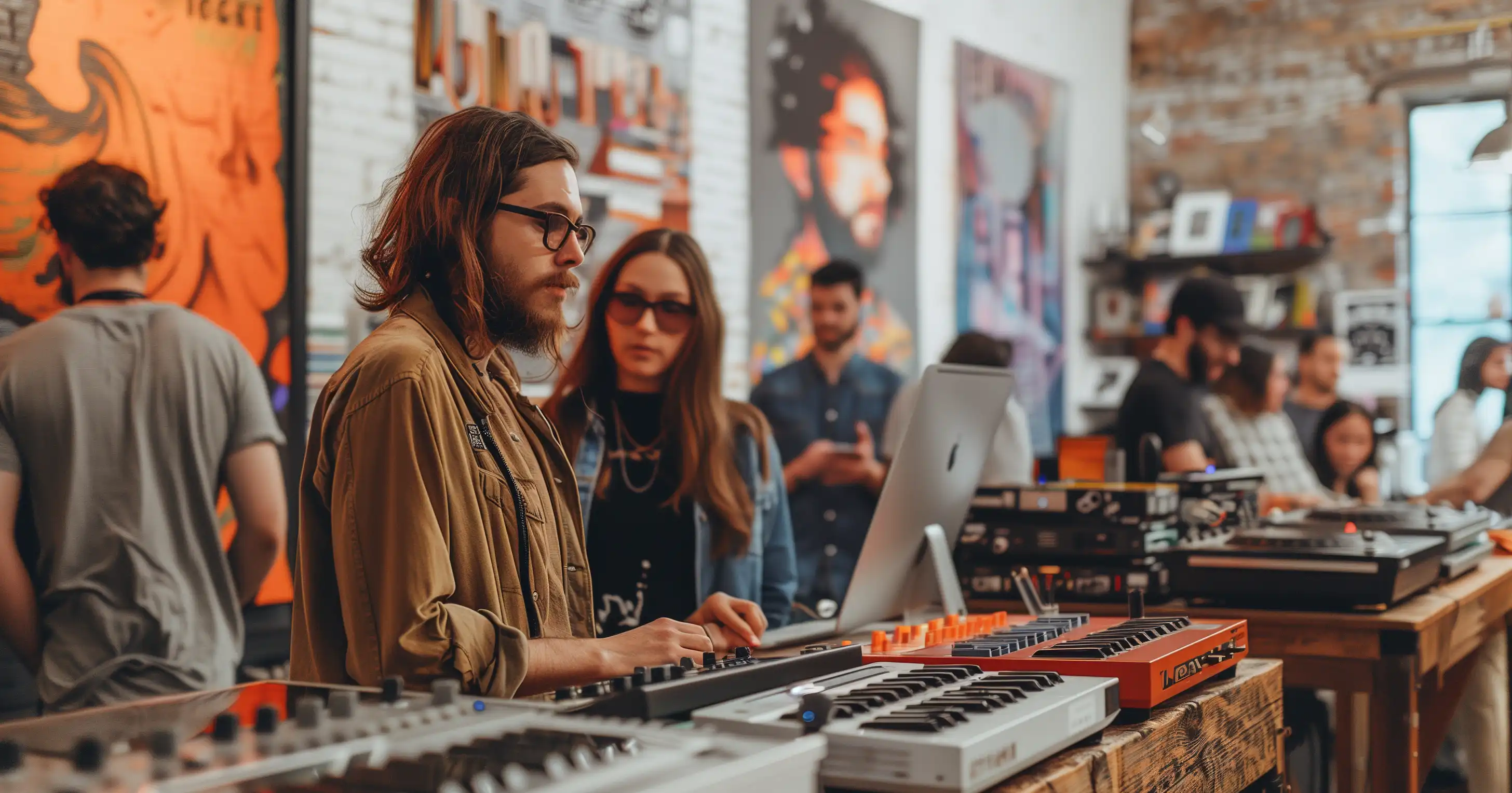 a man with a beard testing a mixer at a small music store