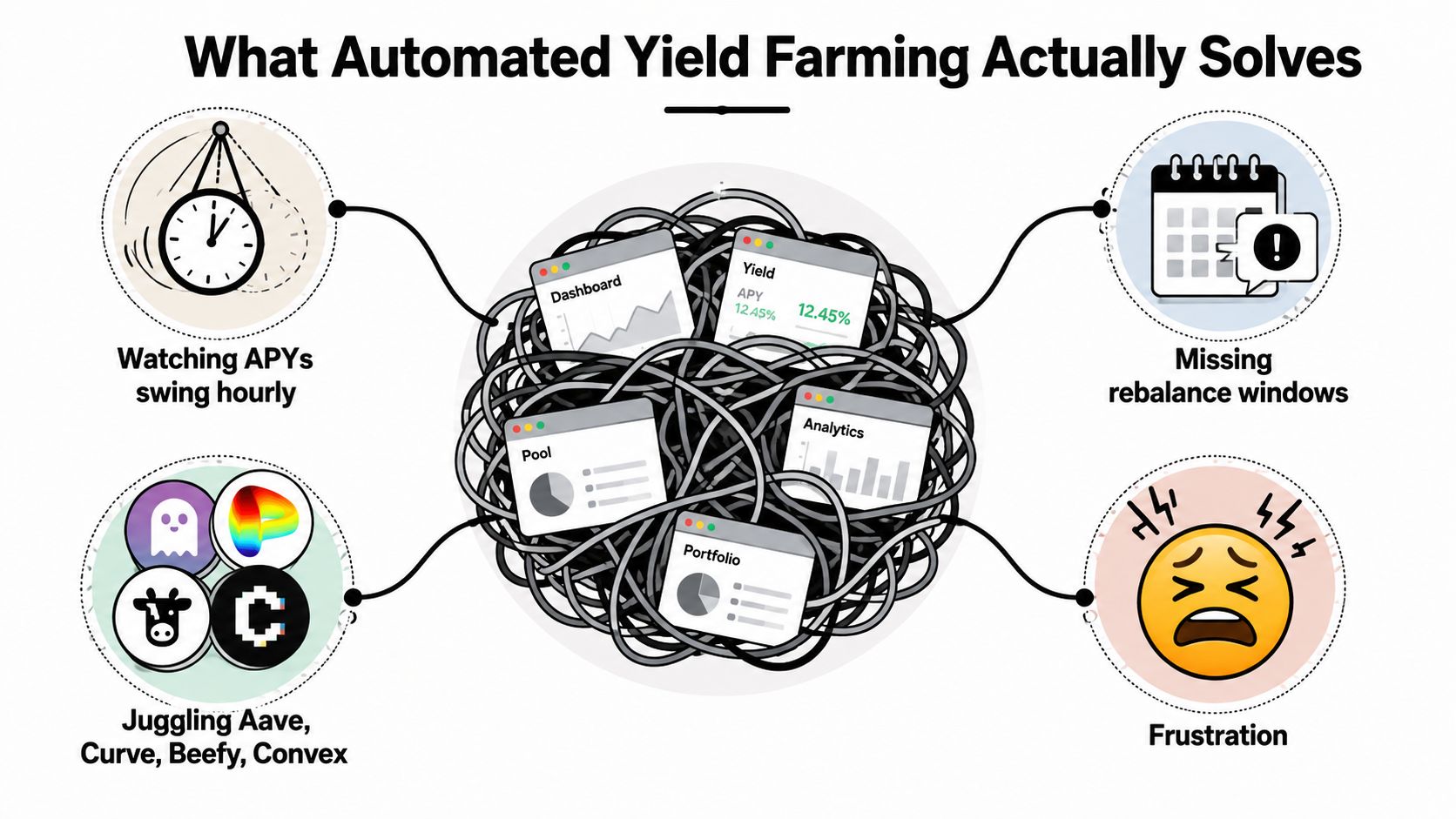 An infographic illustrating how automated yield farming solves problems like tracking APYs, juggling platforms, and frustration.