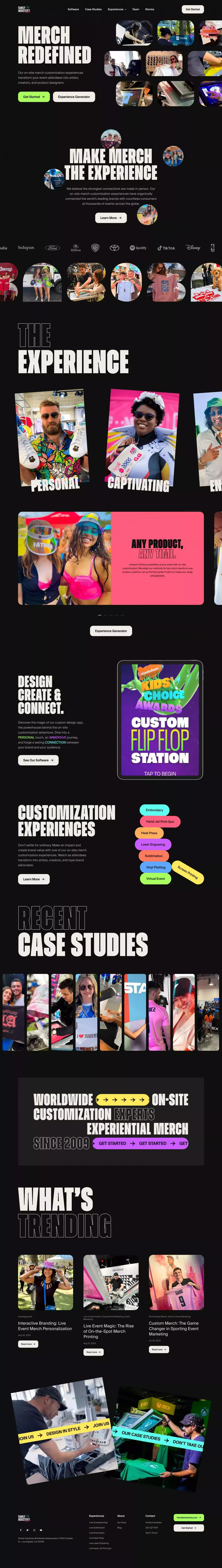 Family Industries Live - Live Printing E landing page screenshot showcasing Design and Tech design