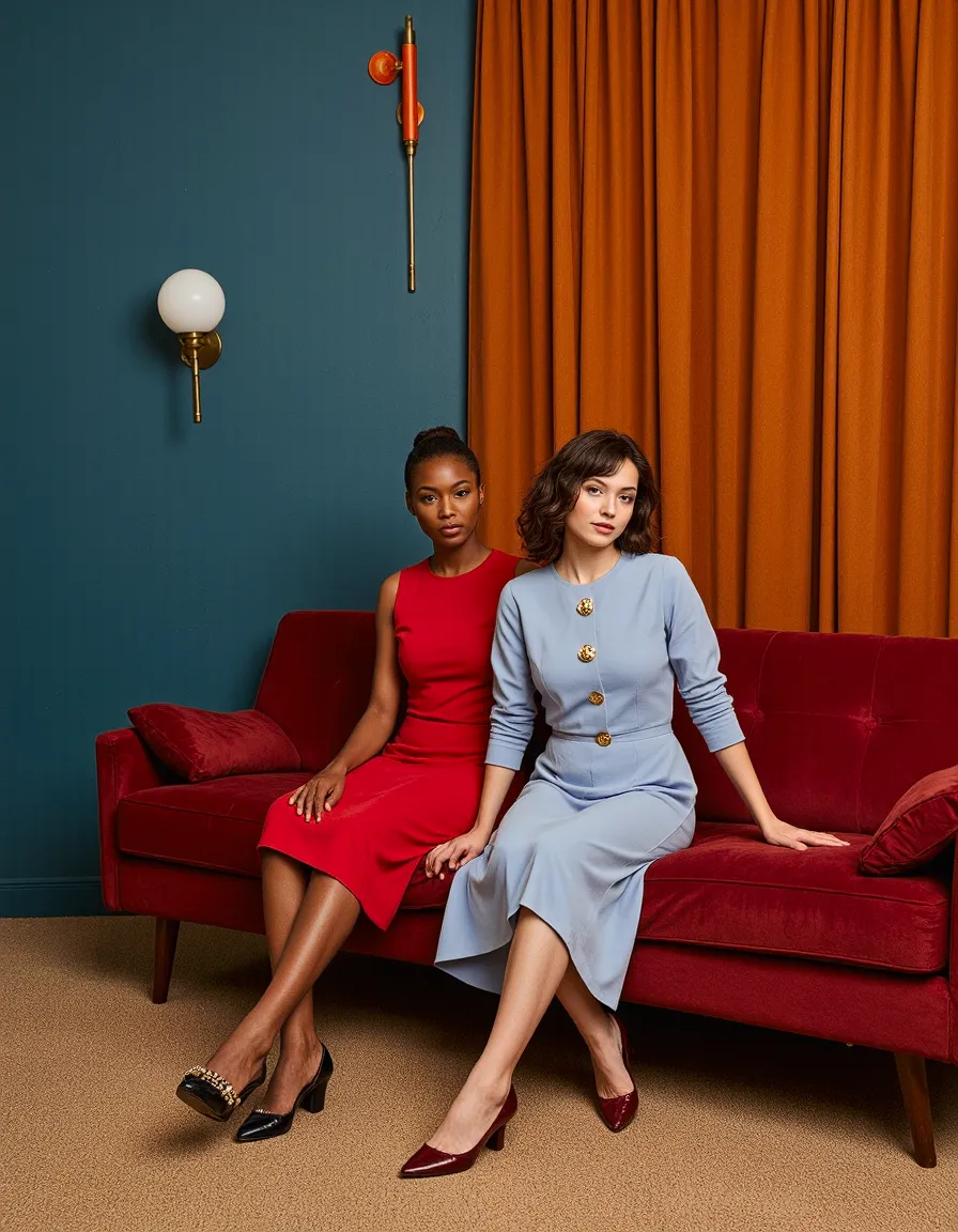 Two women in elegant dresses seated on red sofa against teal wall with orange curtains in styled photoshoot setting