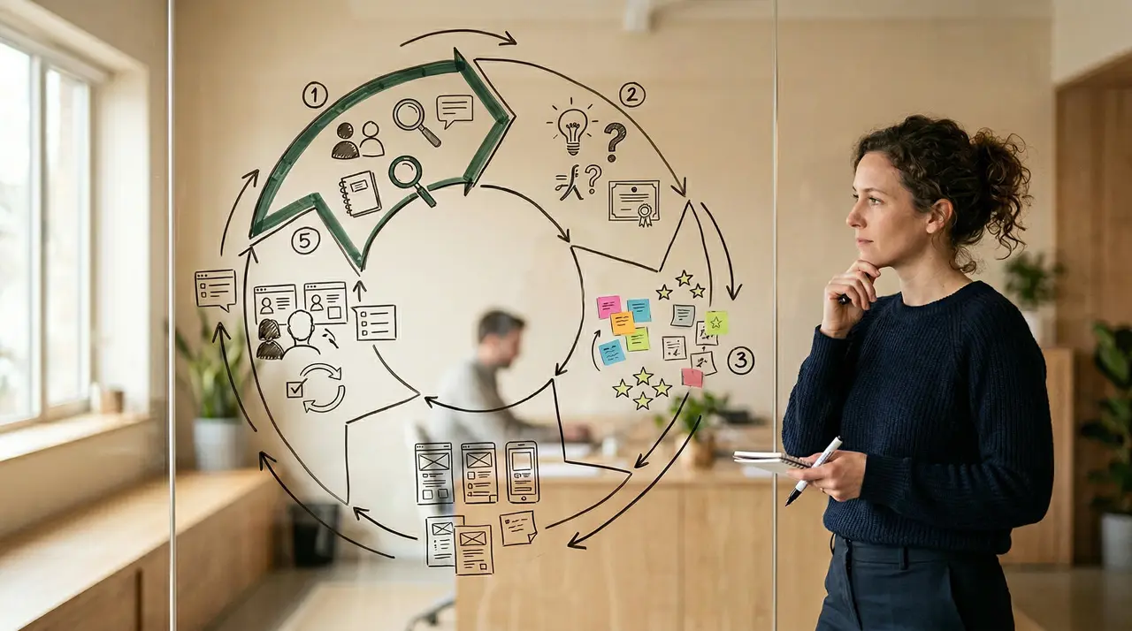 Diagrama circular del proceso de Design Thinking dibujado en un panel de vidrio, representando investigación, definición, ideación, prototipado y validación en un entorno profesional cálido.