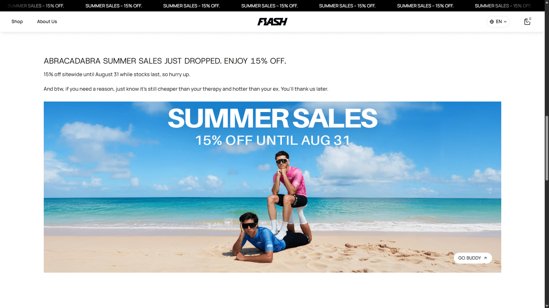 Two cyclists in colorful jerseys posing playfully on a sunny beach with turquoise water, overlaid with text promoting the Summer Sales 15% off.