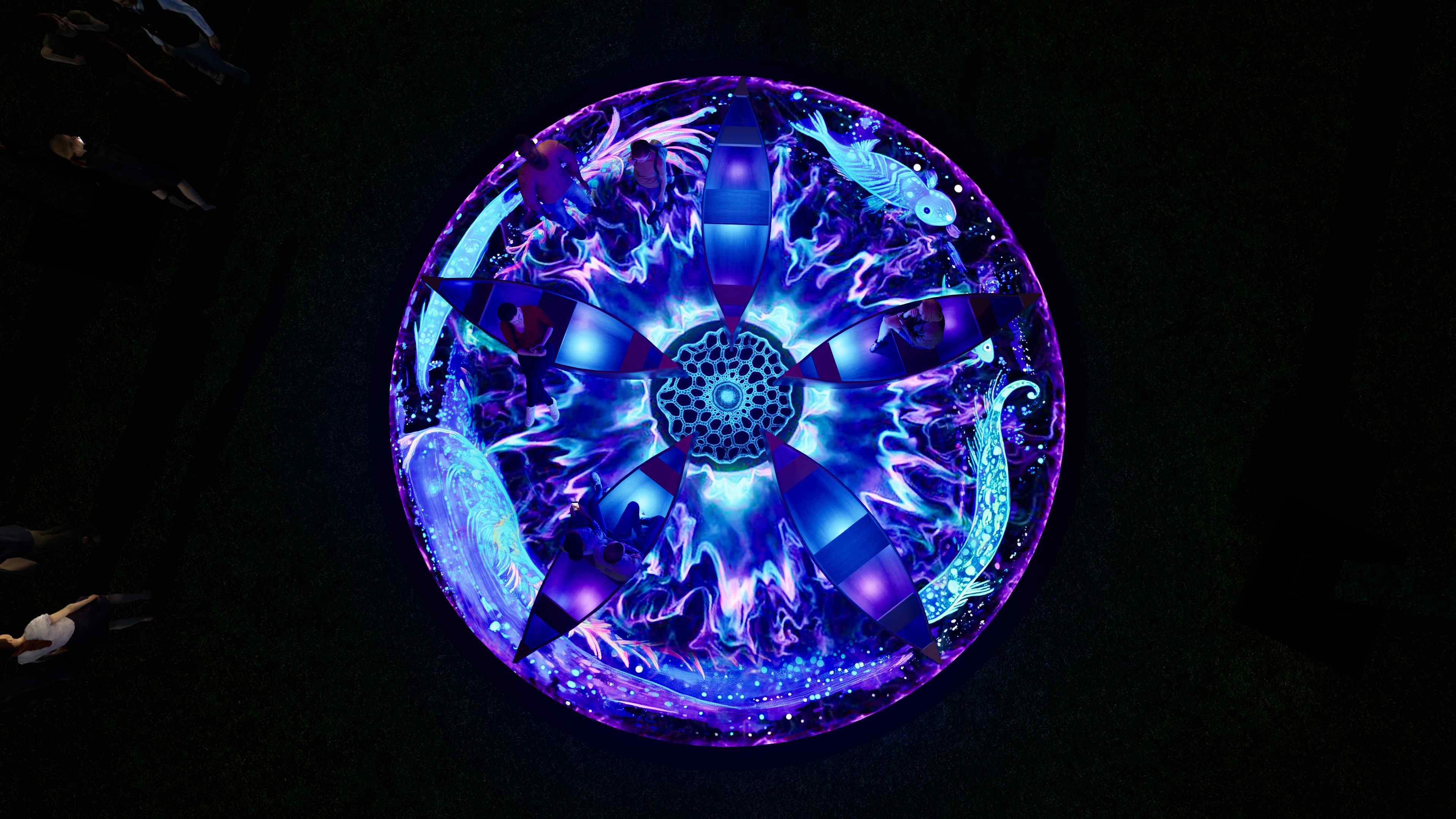Top view of circular immersive light artwork with radial projection patterns in Vivid Sydney installation