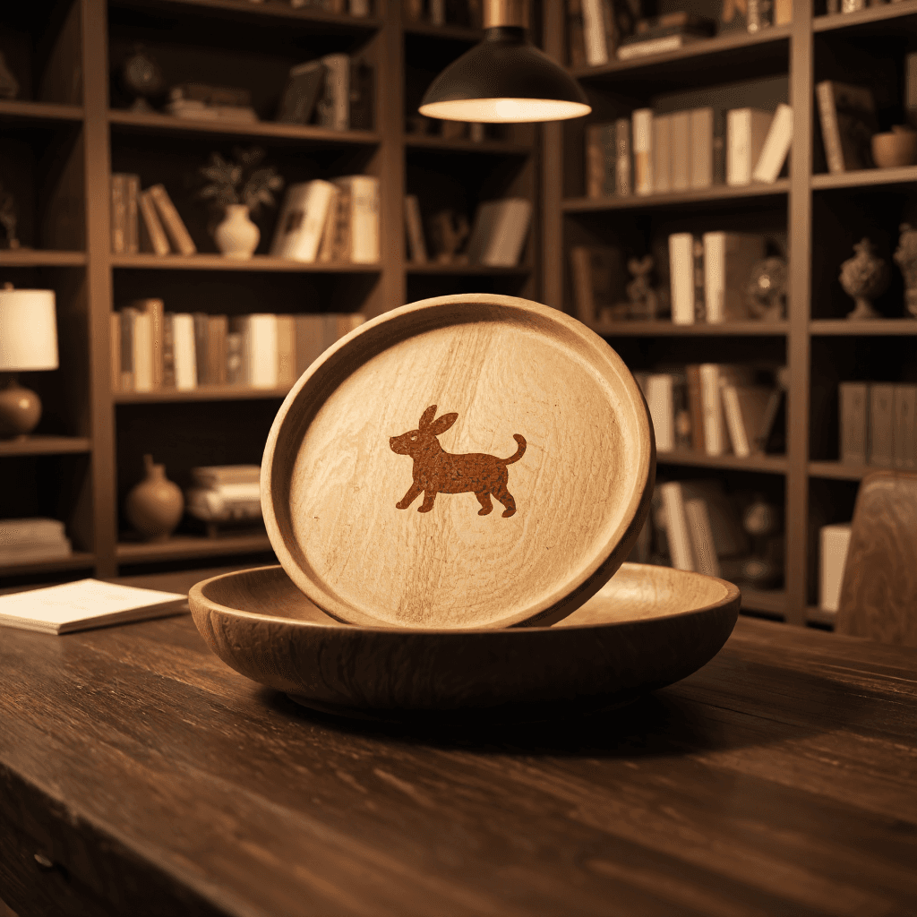 product photography of a round wooden plate with a playful design, used for serving or decoration