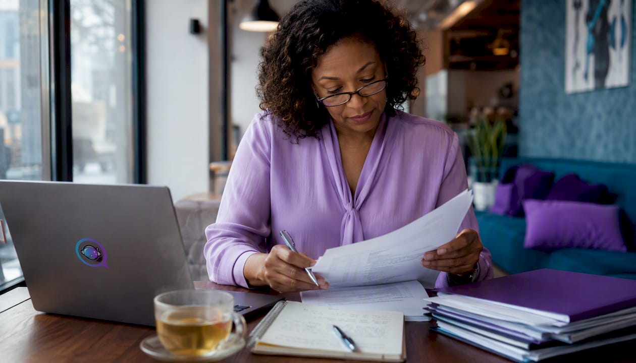 Woman reviewing printed A2P 10DLC compliance documents