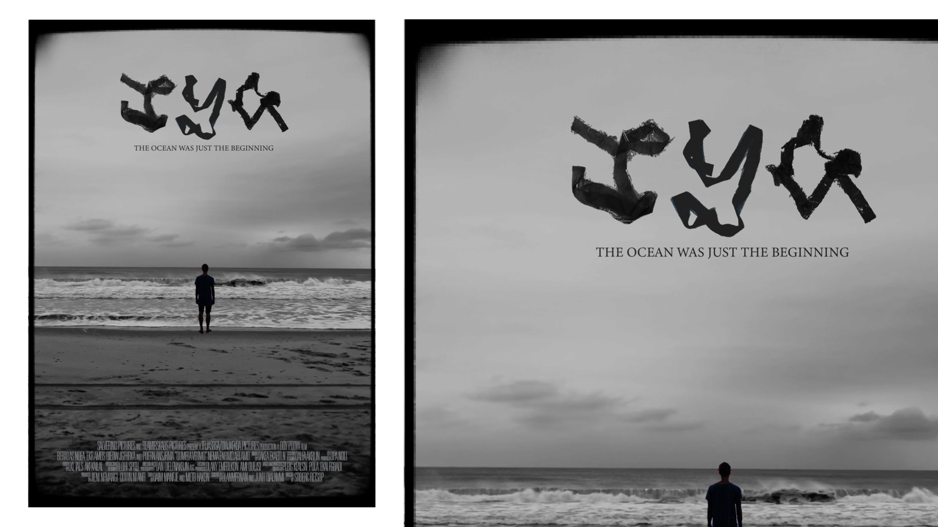 strips of black material spelling the word IYA on a beach photograph