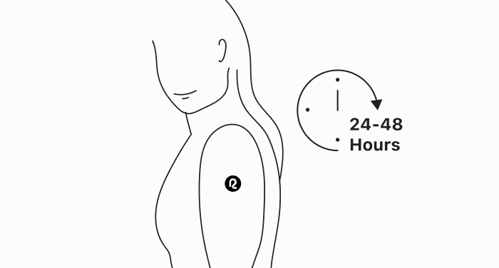 A line drawing of a person with a small bandage on the side of their upper arm, shown next to a clock icon and the text “24–48 Hours,” indicating the bandage should stay on for at least a day.