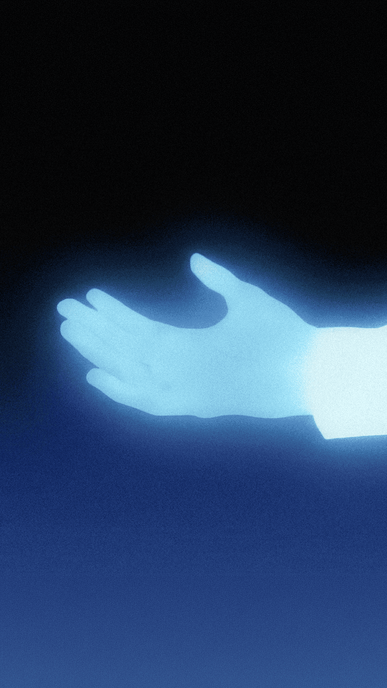 Glowing blue human hand emerging from darkness, softly illuminated with a grainy texture