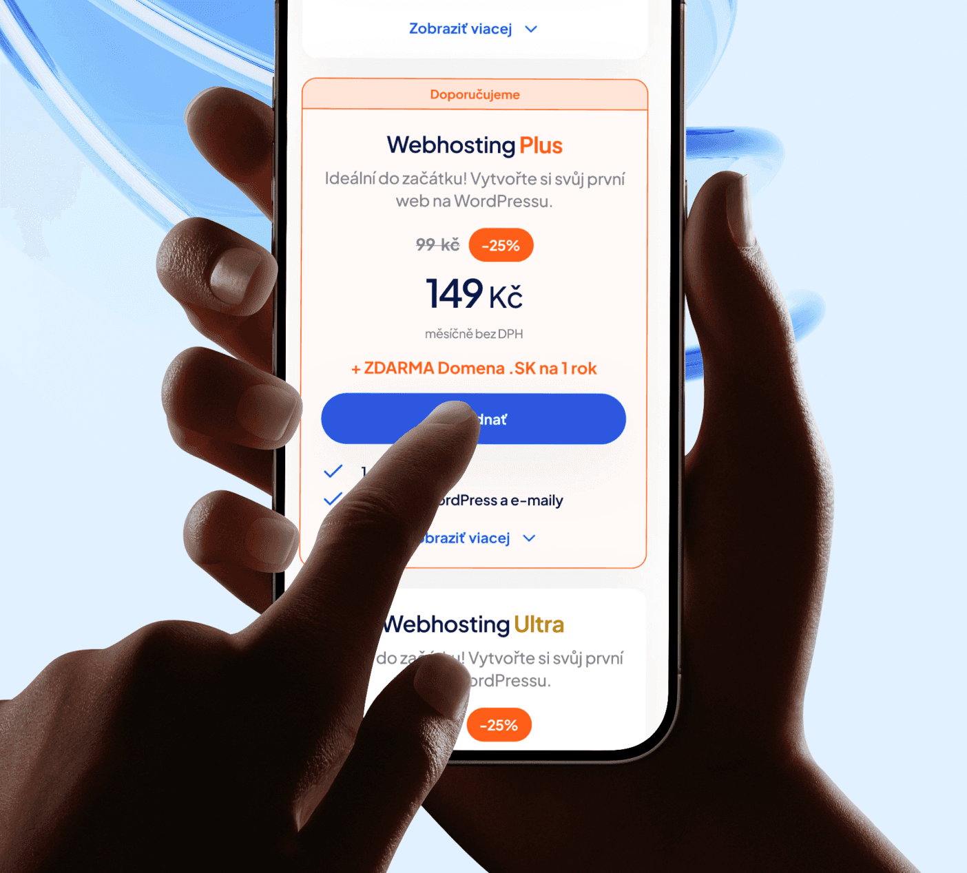 Hand holding phone showing Webglobe hosting plan options with pricing and features