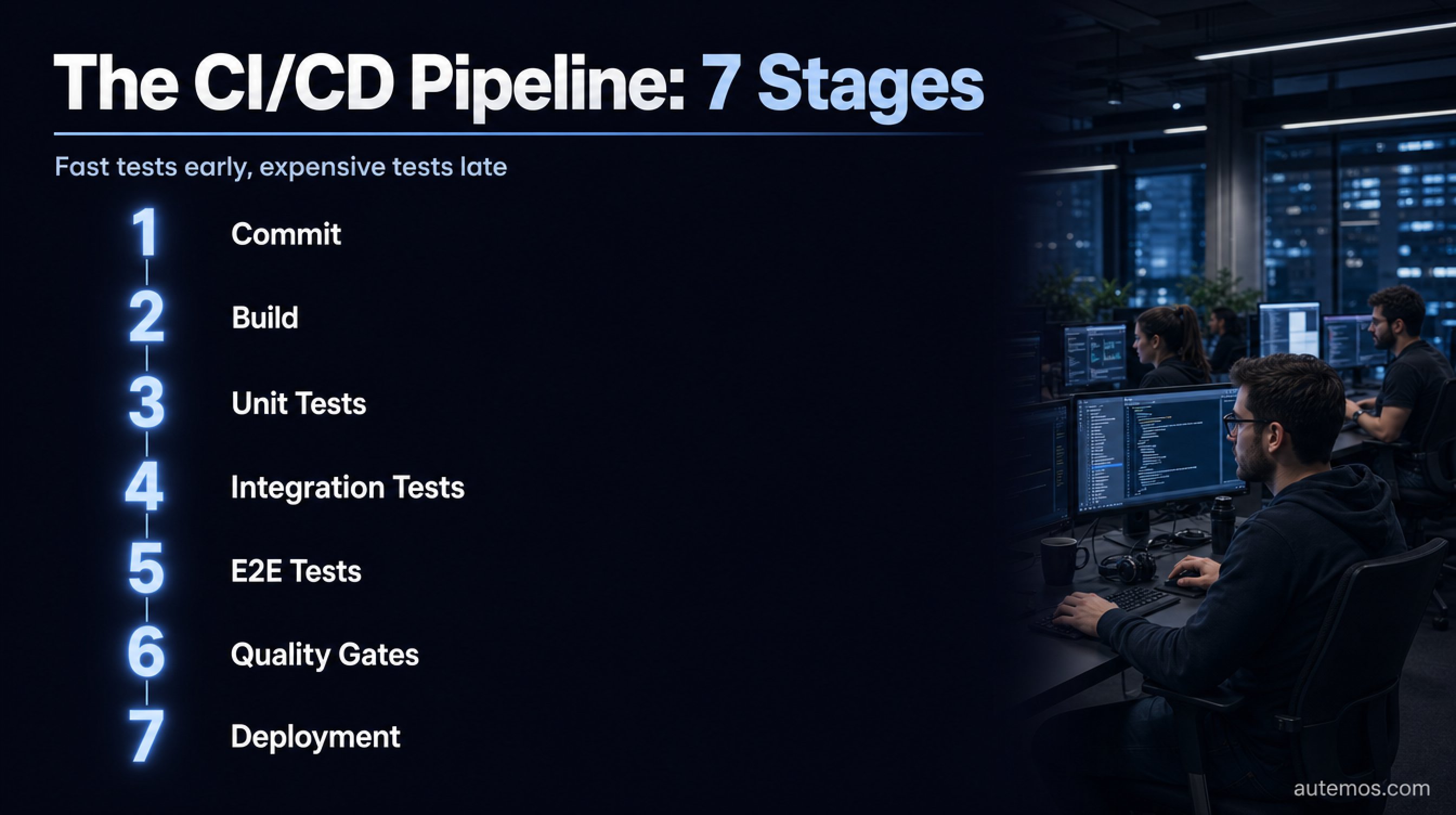 Process graphic: the seven stages of the CI/CD pipeline from commit, build, unit tests, integration tests, E2E tests, quality gates to deployment.