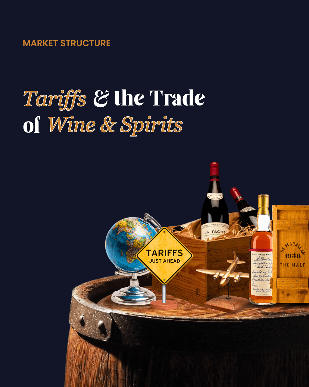 Visual showing wine and whisky bottles, a global trade sign, and ‘Tariffs Just Ahead’ to represent tariffs affecting the international wine and spirits trade