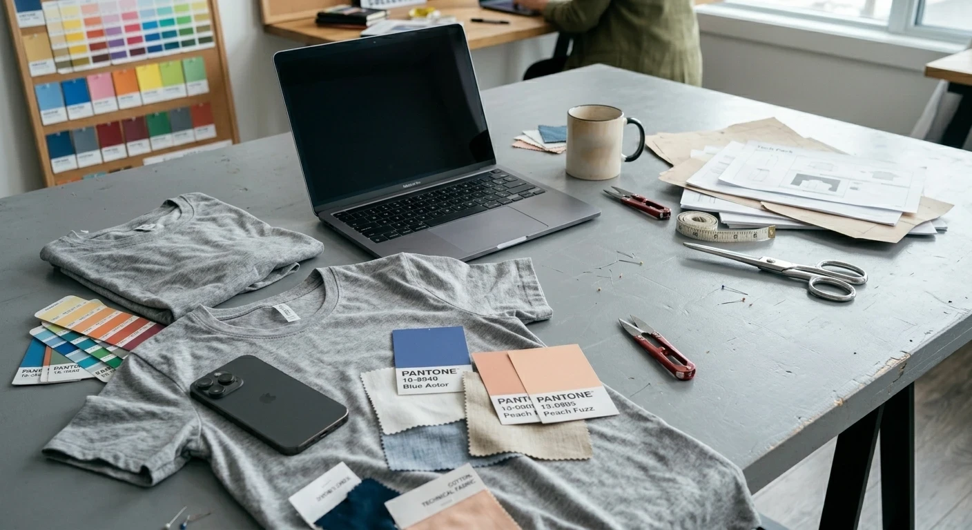 Creative workspace with t-shirts, Pantone swatches, and sewing tools for fashion design.