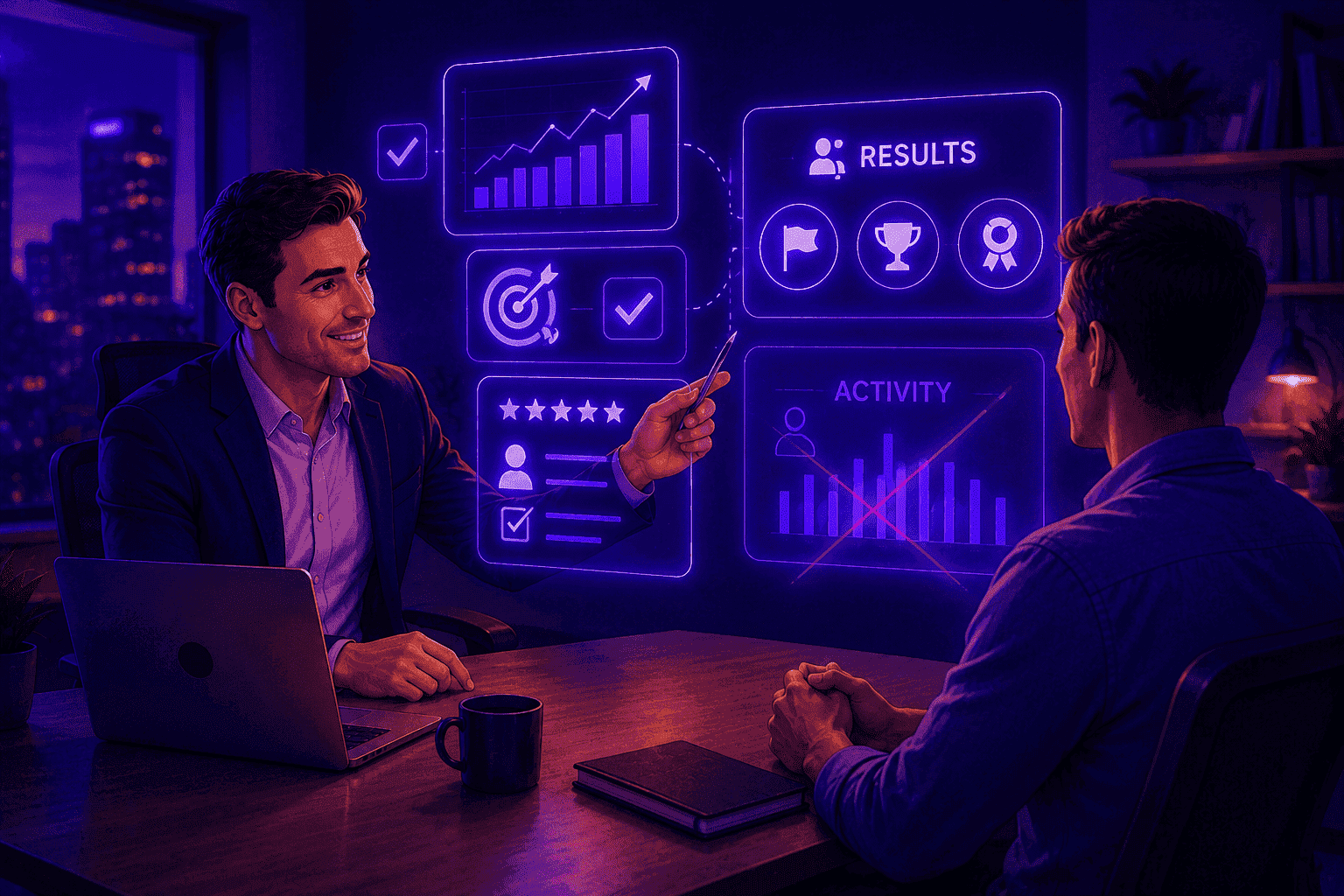 Manager discussing employee performance based on goals, achievements, and business outcomes rather than activity monitoring.