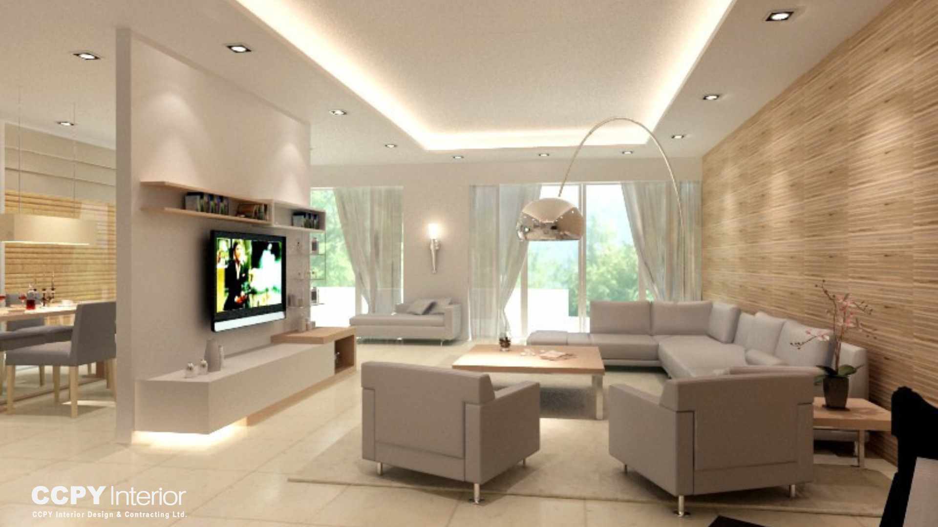 A luminous luxury house interior at Mount Pavilia featuring a blue velvet sofa, an Eames-style lounge chair, and a grand crystal chandelier.