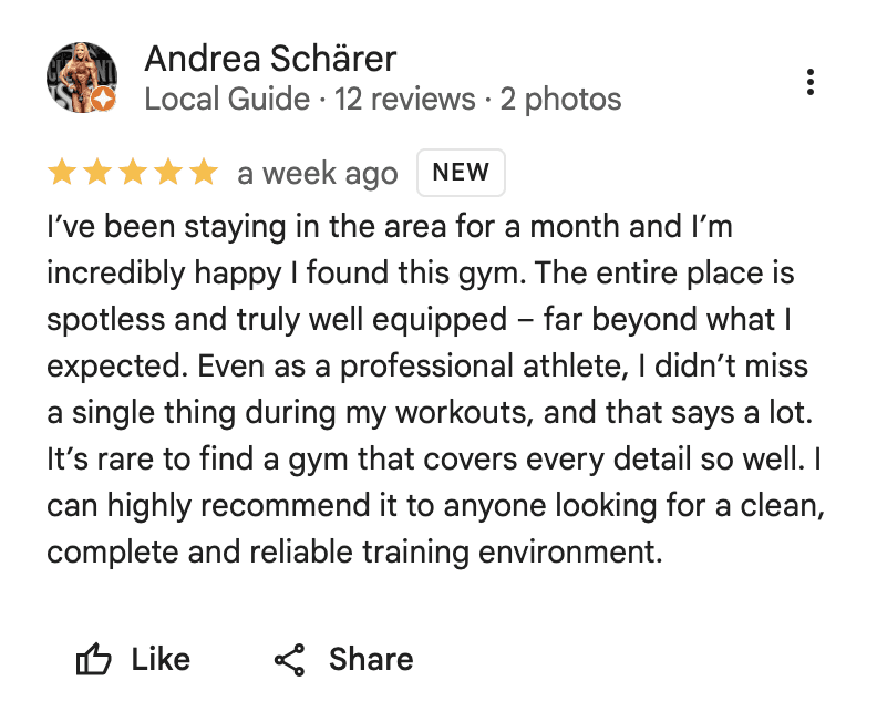 Five-star review screenshot for Legacy Muscle Universe Koh Samui, showcasing member satisfaction with top-tier gym facilities.
