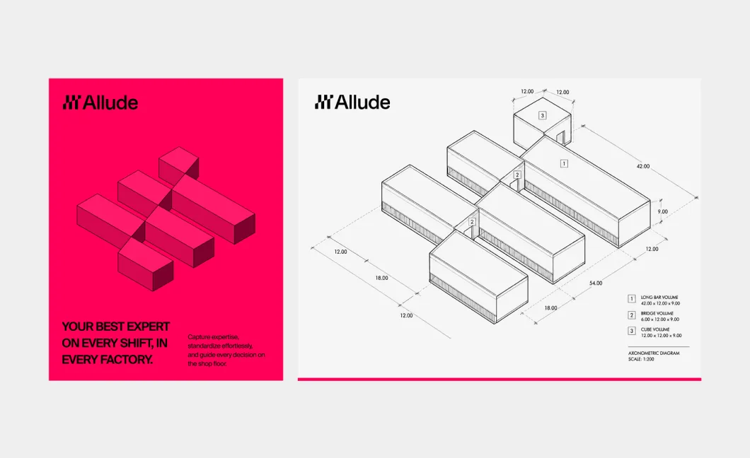 Allude posters with isometric factory illustrations